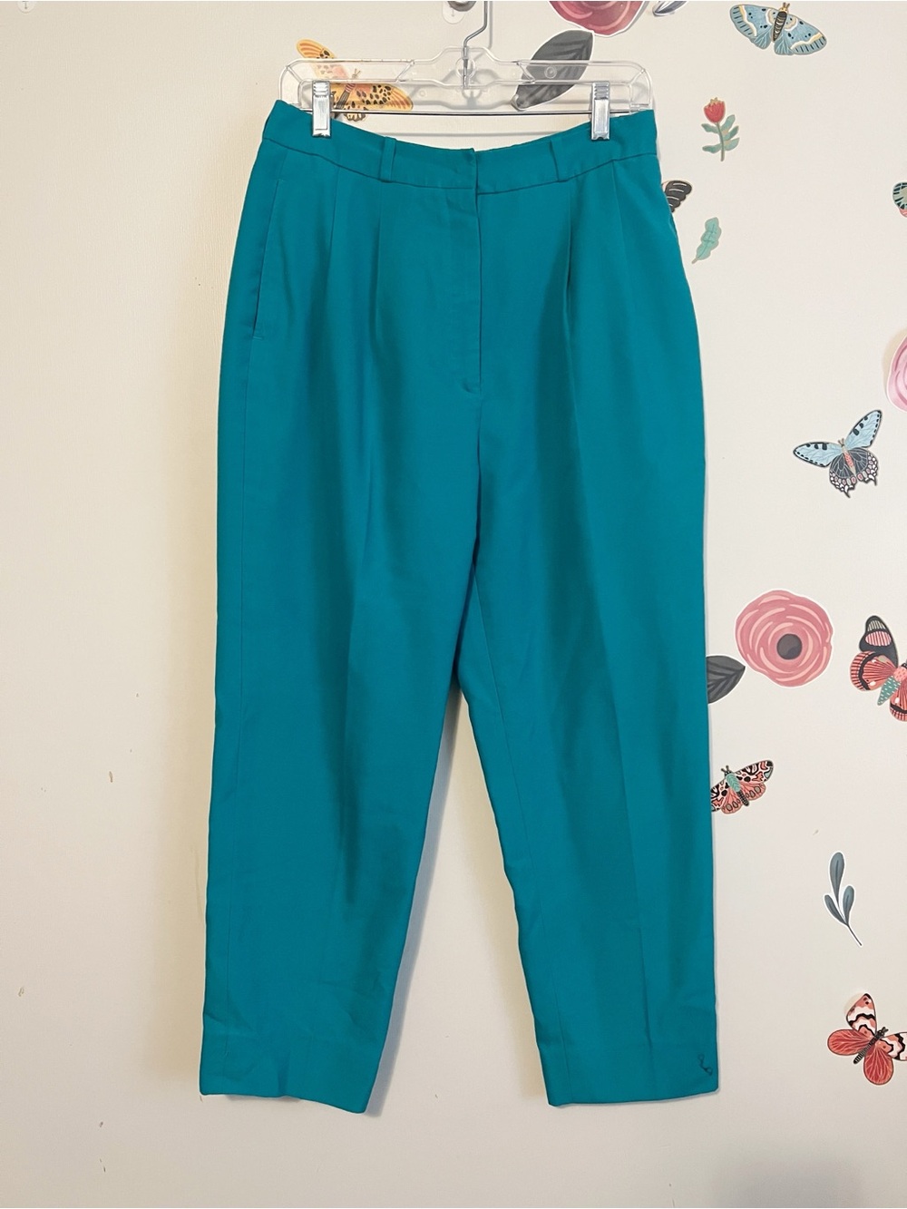 Vintage Pleated Straight Leg Trousers in Turquoise M